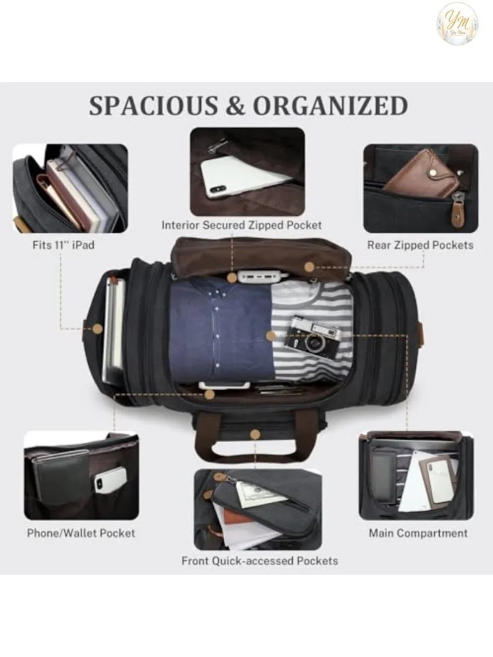 Expandable 60L Canvas Duffel Bag Travel Weekender with Pockets Carry-On Durable